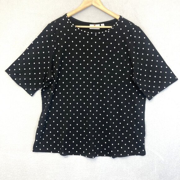 Quacker Factory 1/2 Sleeve Shirt Womens XL Black White Polka Dot Rhinestone Trim - Picture 1 of 12